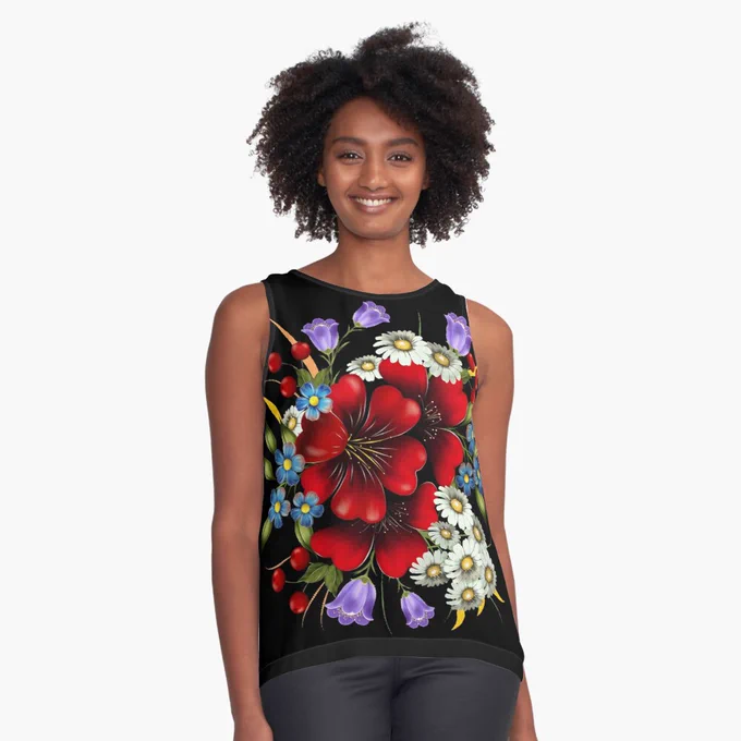 Flower Mix Sleeveless Top
Tarzipan Flower Lover - Flower Mix Red
Slightly sheer 100% polyester chiffon front panel with silky handfeel
Option of black or white 96% polyester, 4% elastane soft jersey back panel
Front panel is sublimation printed allowing fabric to stay soft and drapey
Loose flowy fit
Garment fully constructed and printed in the USA
