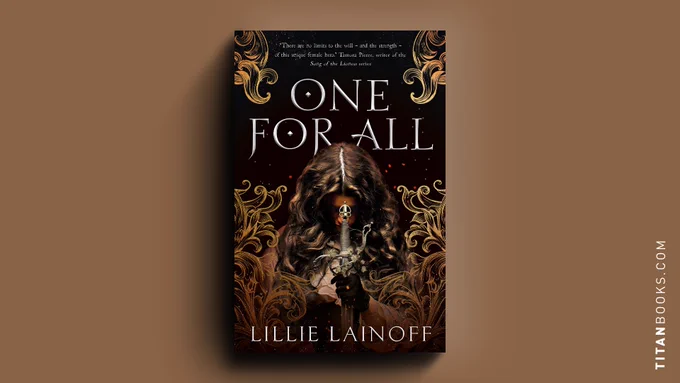The ONE FOR ALL UK cover. A girl hunched over a sword with leaf details, surrounded by gold filigree details.