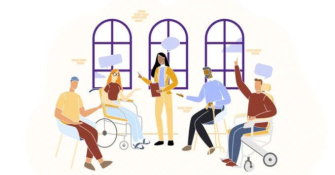 A clip art graphic showing five people of a range of abilities participating in a workshop.