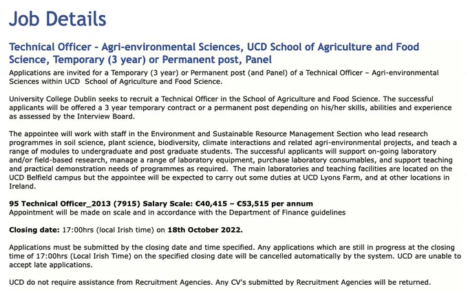 Job advert for a Technical Officer in University College Dublin