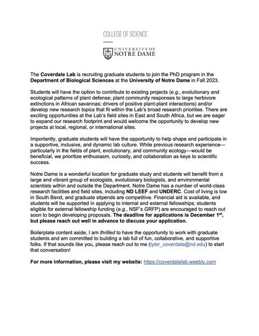 Written description of opportunity to join the Coverdale Lab at Notre Dame. Contact @tylerccoverdale for more information (and apologies for having to include this as a JPEG).