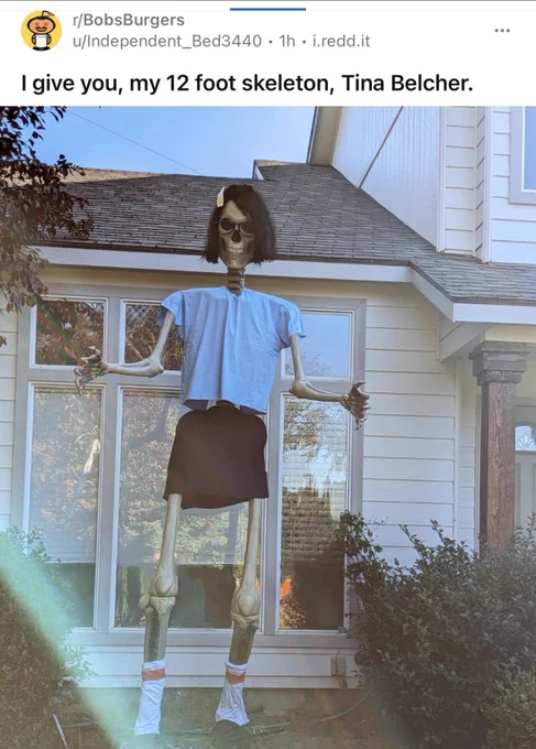 A photo of a 12 foot skeleton someone dressed up like Tina Belcher from Bob’s Burgers