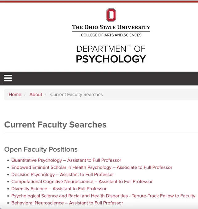 Screenshot of department webpage listing available positions: Quantitative Psychology, Endowed Eminent Scholar in Health Psychology, Decision Psychology, Computational Cognitive Neuroscience, Diversity Science, Psychological Science and Racial and Health Disparities, Behavioral Neuroscience