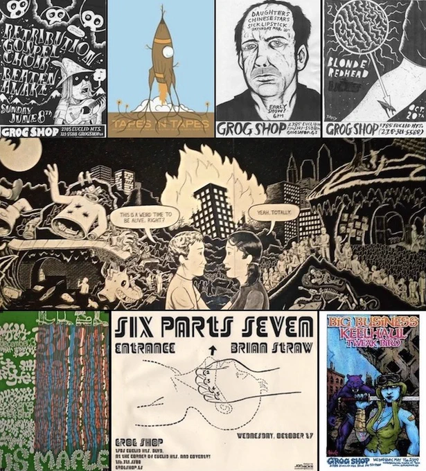 The center row in this image is a scene from a wall mural by Jake Kelly, located on the south wall of the Grog Shop. Flier artists represented in the top and bottom rows include Tyler Fortney, John Greiner, Jon Hicks, Seri Pop and Jake Kelly. | Source: Grog Shop