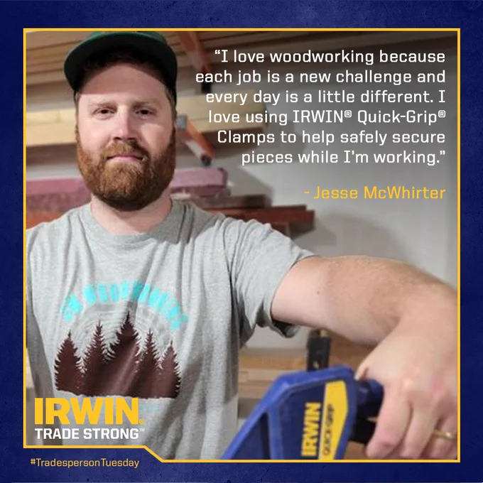 A graphic with text showing why Jesse is passionate about woodworking.