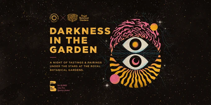 Darkness in the Garden event graphic with Collective Arts and RBG logos. A psychedelic illustration of two vertical eyes are aligned to the right. 