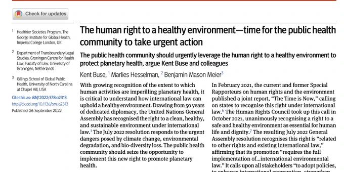 BMJ Article: “The human right to a healthy environment—time for the public health community to take urgent action”