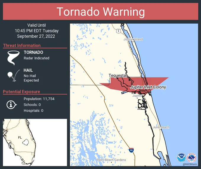 This graphic displays a tornado warning plotted on a map. The warning is in effect until 10:45 PM EDT. The warning includes Tequesta FL and Jupiter Inlet Colony FL.  This warning is for Northeastern Palm Beach County in southeastern Florida. The threats associated with this warning are a radar indicated tornado and no hail is expected. There are 11,754 people in the warning along with 0 schools and 0 hospitals.