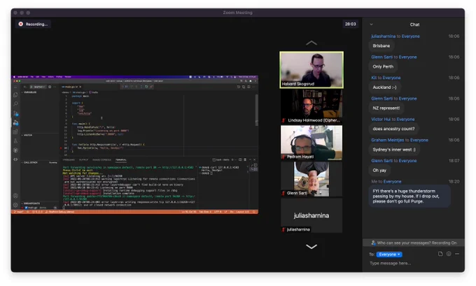 Screenshot of Zoom screen share showing Visual Studio Code window, editing a Golang app and running it. 