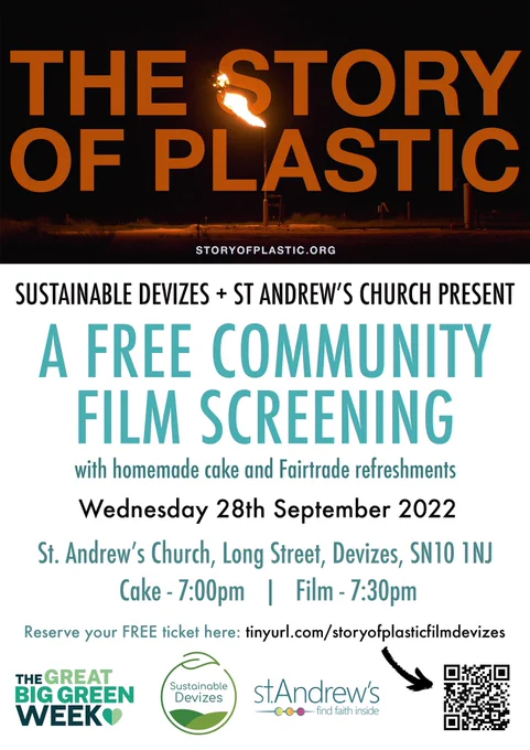 A poster for a free community screening of the film The Story of Plastic. St Andrew’s Church, Devizes. 28th September, 7pm