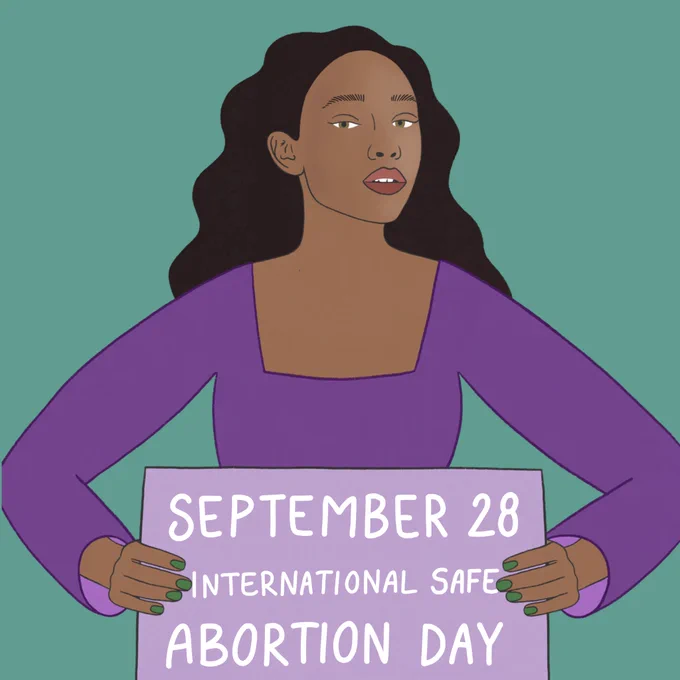 Drawing of a young woman wearing a purple shirt holding a sign that says 'September 28 International Safe Abortion Day'