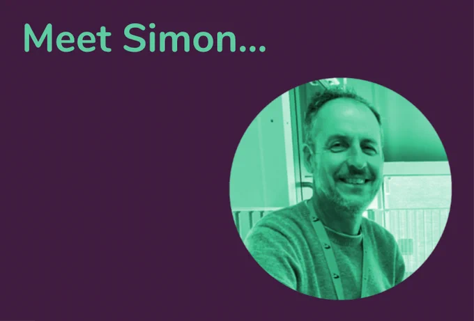 A purple background has the words, ‘Meet Simon’ in green lettering. To the right is a photo of Simon that’s been subjected to a matching green filter. Despite his green hue, he appears happy.
