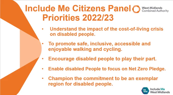 Include Me Citizens panel priorities 22/23

Understand the impact of the cost-of-living crisis on disabled people.
To promote safe, inclusive, accessible and enjoyable walking and cycling.
Encourage disabled people to play their part.
Enable disabled people to focus on Net Zero Pledge.
Champion the commitment to be an exemplar region for disabled people.