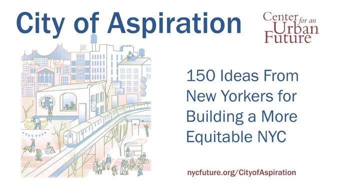 A graphic of the report cover. On the top, the title reads, "City of Aspiration." Below, on the left, is a scene of New York City. There is a CUNY building, NYCHA buildings, a New York Public Library, a bridge, and a train. A man installs a solar panel on a rooftop. A teacher tutors a student.  A painter paints a globe on the side of the library. A man gardens on a rooftop. Below on the street, two women lead a band of children. People are biking, walking their dogs, skating, playing basketball and dancing. There is a street vendor. On the right of the illustration, the subtitle reads "150 Ideas From New Yorkers for Building a More Equitable City." The URL nycfuture.org/CityofAspiration is below. The CUF logo is on the upper right.