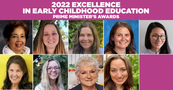 A collage of teachers headshot displayed in a diverse array. Text: 2022 Excellence in Early Childhood Education Prime Minister’s Award
