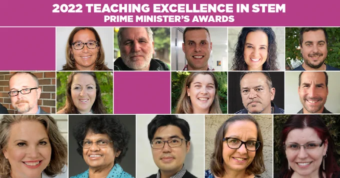 A collage of teachers headshot displayed in a diverse array. Text: 2022 Excellence in STEM Prime Minister’s Award 
