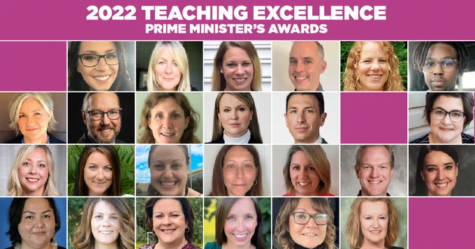 A collage of teachers headshot displayed in a diverse array. Text: 2022 Teaching Excellence Prime Minister’s Award