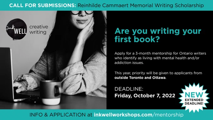 Person with long hair and glasses writing at a computer.

Text: Apply for a 3-month mentorship for emerging Ontario writers who identify as living with mental health and/or addiction issues. Extended deadline: Friday, October 7th, 2022