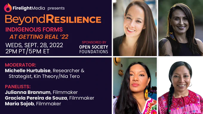A composite image of the four participants in the panel discussion "Indigenous Forms" against a purple background with the event details in orange, pink, and yellow font. 