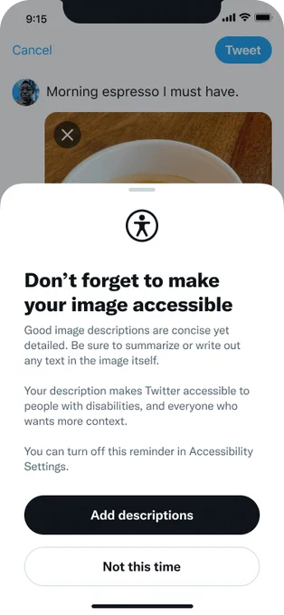 the twitter "don't forget to make your image accessible" reminder