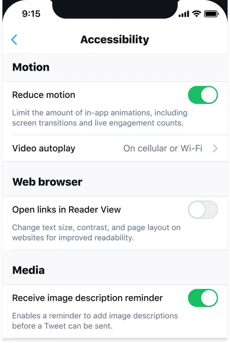 the twitter accessibility settings menu