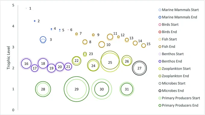 Change in relative biomass (% of total biomass (t/km²)) for the BSSs (Beaufort Sea Shelf Start 1970–1974 average) and BSSe (End 2008–2012 average) of the simulation period. Aggregate groups are labeled per functional group by number. Circle size represents the relative biomass per functional group (e.g., Ice Algae (30) BSSs = 15% to BSSe = 7% of the total biomass of the BSS). Position on the x-axis is for visibility only. Graph shows trophic level from 0 to 4 on the y axis, with labels of different biomass groups on the opposite side. Circles vary in size and colour from smallest as blue, then yellow, purple, and green as the largest.