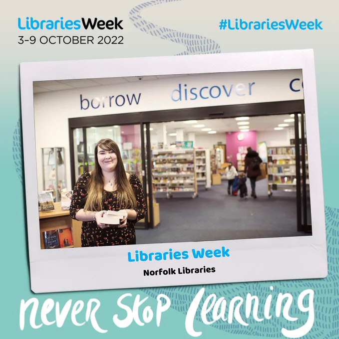 A graphic featuring a photograph of a lady holding some books, in front of some sliding doors in a library.