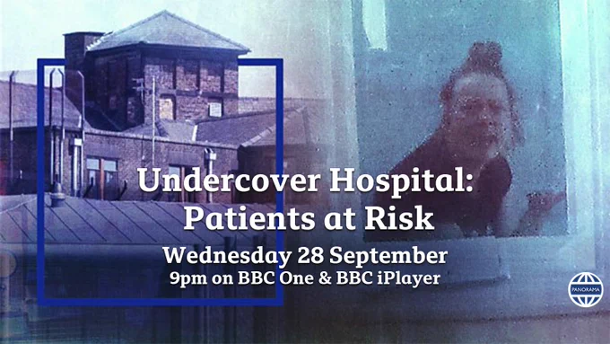 Image of patient through window and outside of Edenfield, blue box around date/ time/ title/ logo.