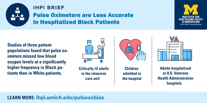 Infographic about pulse oximeters in hospitalized Black patients. Click the link in the tweet to get to the brief that describes the findings in full.