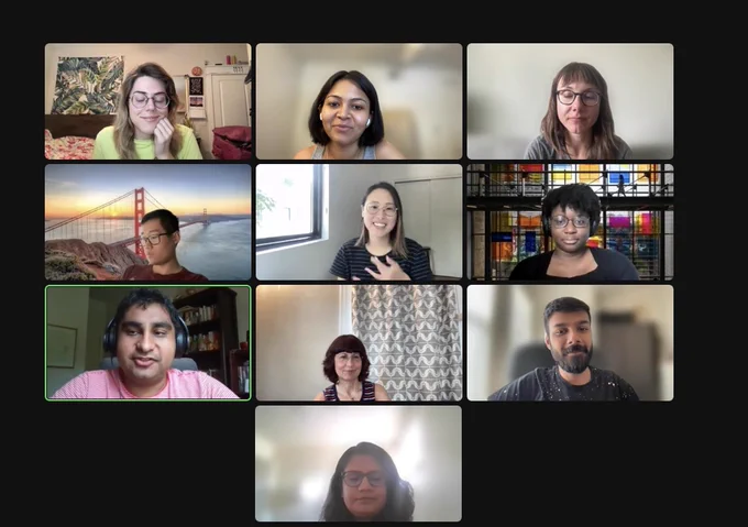 Mentors and mentees on video in a Zoom meeting.
