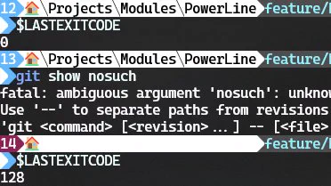 A screenshot of a terminal with a fancy prompt showing the git branch, and a series of commands where a bad git command set the $LASTEXITCODE
