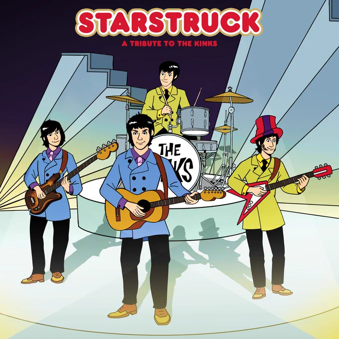 Drawing by Walker Dubois of The Kinks performing on the Morecambe and Wise Show as cartoon characters.  Above, the album title is stylized similar to The Village Green Preservation Society.