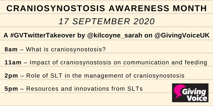 Graphic of schedule of Twitter Takeover on Craniosynostosis on the Giving Voice UK Twitter feed.