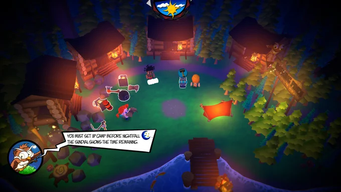 Image of the game Camped Out where they are at a camp. There are four cabins with three people standing around. An owl in the bottom left-hand corner says "you must set up camp before nightfall the sundial shows the time remaining". At the top of the image is a semicircle with a sun and cloud indicating it is daytime. 