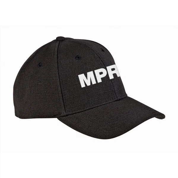 A black baseball cap is embroidered with MPR in white letters. 