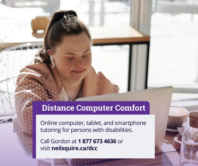 A woman using a computer. Text: Online computer, tablet, and smartphone tutoring for persons with disabilities