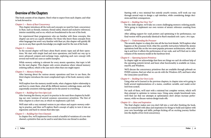 Two pages from the preface of my book, showing a section titled: Overview of the Chapters

The full text doesn't fit in Twitter's alt text. The full text can be found on https://tinyurl.com/2ymfx58u

This book consists of ten chapters. Here's what to expect from each chapter, and what to look forward to:

Chapter 1 — Basics of Rust Concurrency
Chapter 2 — Atomics
Chapter 3 — Memory Ordering
Chapter 4 — Building Our Own Spin Lock
Chapter 5 — Building Our Own Channels
Chapter 6 — Building Our Own "Arc"
Chapter 7 — Understanding the Processor
Chapter 8 — Operating System Primitives
Chapter 9 — Building Our Own Locks
Chapter 10 — Ideas and Inspiration