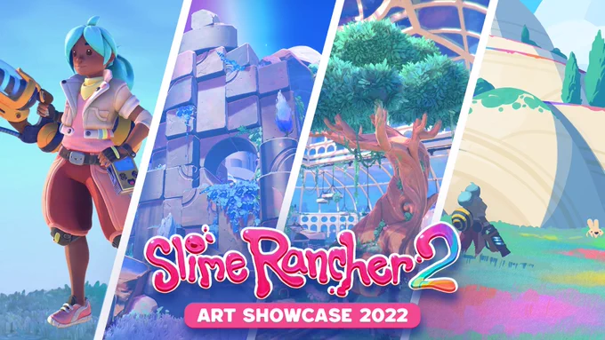Compilation of four game development art images from the Slime Rancher 2 game—3D rendered character model, Beatrix Lebeau, stands holding her VacPack; 3D rendered environment art of a large stone block wall; 3D rendered environment art of a large tree in a glass conservatory; 2D illustrated concept art of an expansive natural environment with the main character standing in the foreground. Under the Slime Rancher 2 logo is subheader text, Art Showcase 2022.