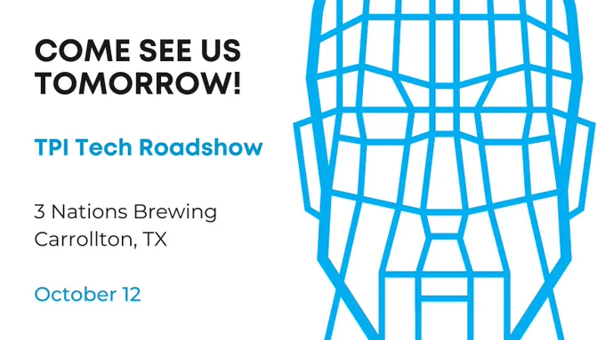 Graphic of StoneLock's facial biometrics icon. Come see us tomorrow! TPI Tech Roadshow 3 Nations Brewing, Carrollton, TX, October 12.