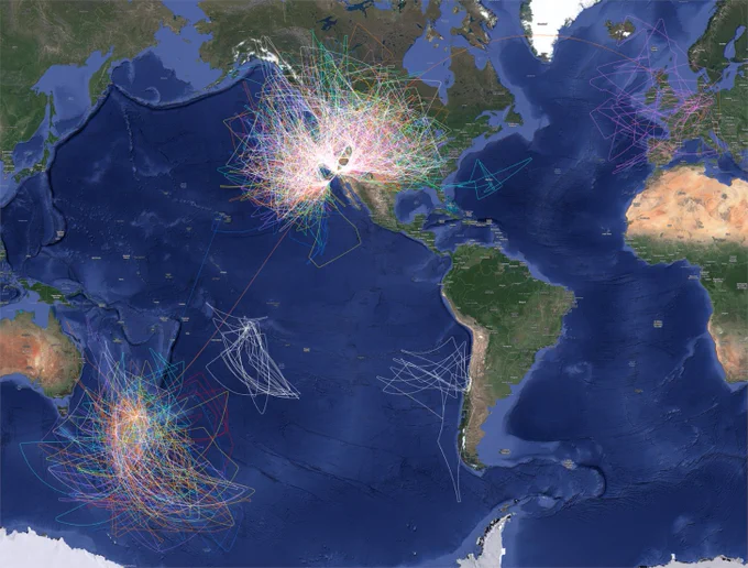 This image is of a map of the world centered around the Americas. Colorful scribbles are shown all over the map, concentrated mainly around the West Coast of the United States toward the center top, and New Zealand toward the bottom left. These lines indicate all of SOFIA's science flights from 2013 to 2022, color coded by observation cycle. 