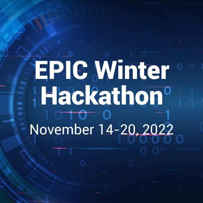 EPIC Winter Hackathon on tech background with binary code