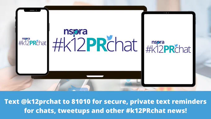 Image of a laptop displaying the #k12PRchat logo. Text reads: Text @k12prchat to 81010 for secure, private text reminders for chats, tweetups and other #k12prchat news!
