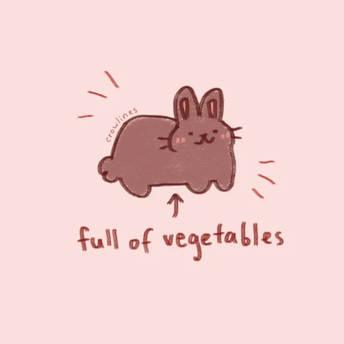 Drawing of a brown bunny with an arrow pointing to its tummy with text "full of vegetables"