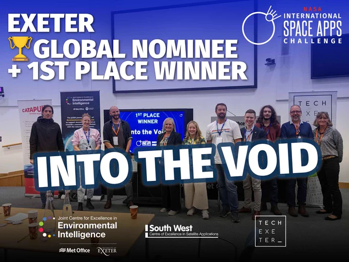 photo of the into the void team, overlaid with text 'exeter global nominee and first place winner', with sponsor logos along the bottom