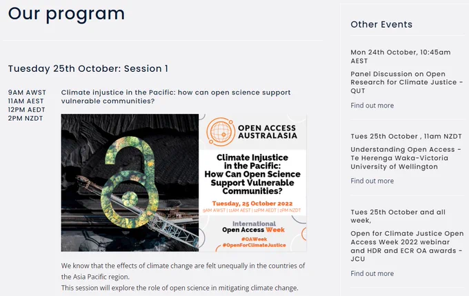 Screenshot of pages of events for OAWeek2022