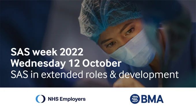A doctor concentrates while wearing surgical mask and other PPE. The caption says SAS week 2022. SAS in extended roles & development
