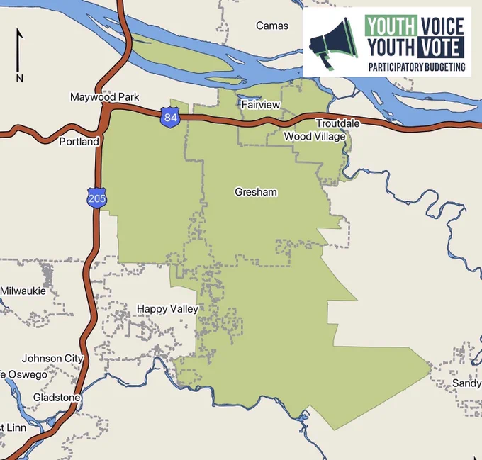 Map of Portland metro region east of I-205 with Senate Districts 24 & 25 shaded light green
