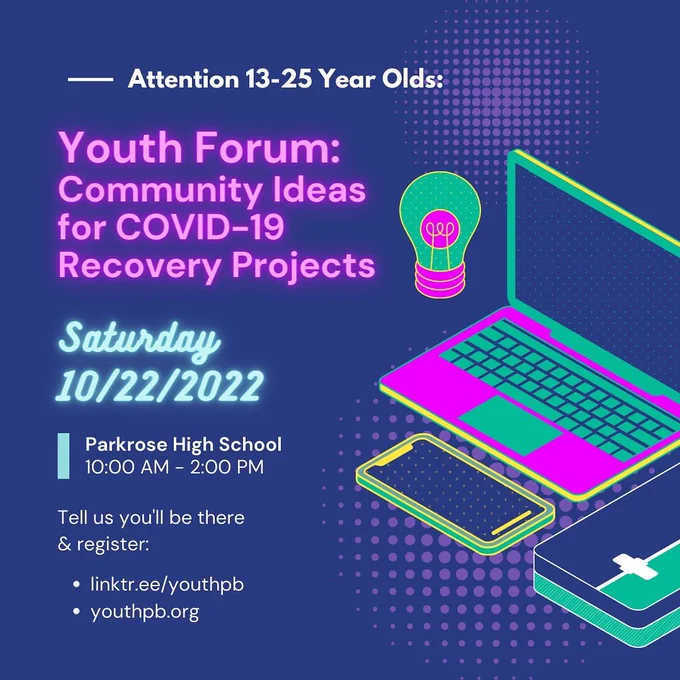 Glowing neon pink and blue text “Youth Forum: Community Ideas for COVID-19 Recovery Projects” with illustrated lightbulb, laptop, smartphone, and notebook.