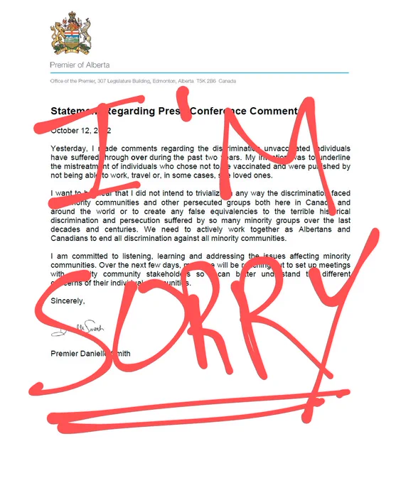 An image of a statement from Premier Danielle Smith, with handwritten wording overtop in red, reading, "I'm sorry."
