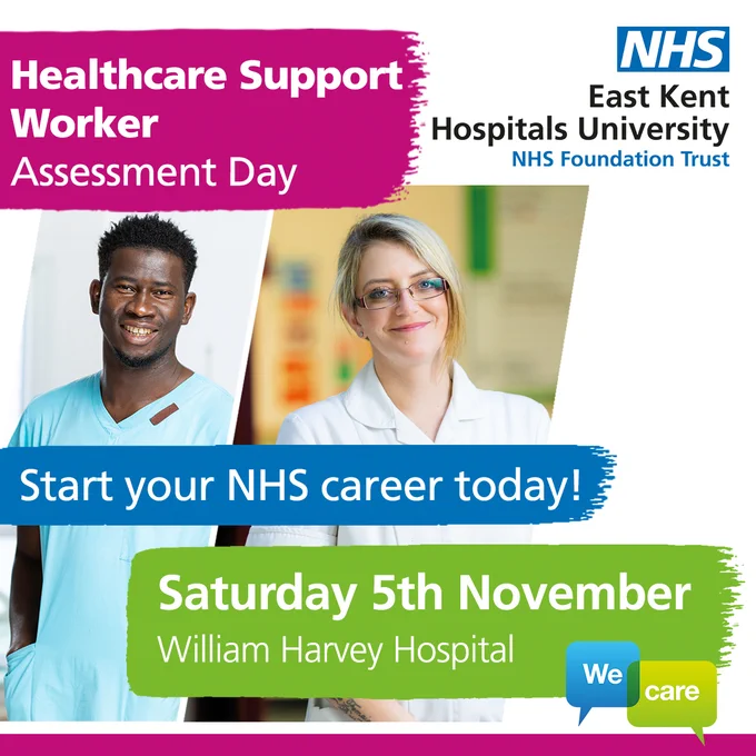 A job advert for a Healthcare Support Worker Open Day at the William Harvey Hospital on Saturday 5th November